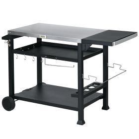 Foldable Grill Cart Table, 3-Shelf Outdoor Kitchen Island on Wheels for BBQ & Pizza Oven, Black