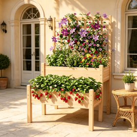 2-Tier Raised Garden Bed with Trellis for Climbing Plants Outdoor Garden Bed with Trellis System Vegetable Bed Frame
