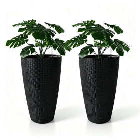 Set of 2 Faux Rattan Tall Planters Outdoor Indoor Large Planters with Water Level Monitor Inner Bucket, Automatic Watering