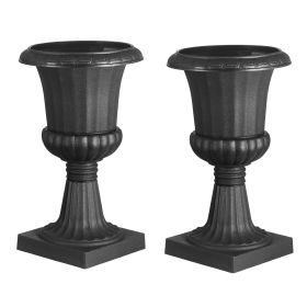 Plastic Urn Planters, 9.8 x 16.5 Inch, 2 Pack Black Classic Flower Pots Front Porch Planters, Indoor & Outdoor Vase for Wedding, Party, Event, Ho