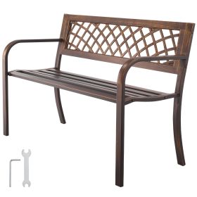 Outdoor Bench, 46 inch, Carbon Steel Metal Frame with PVC Mesh Pattern Backrest and Round Edge Armrests, Weatherproof Outside Bench for Patio, Ga
