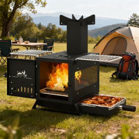 Portable Wood Burning Stove Mini Heater Burner With Pot Rack Oven Pan (Option: BLACK)