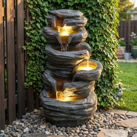 Outdoor Waterfall Fountain With Lights Stacked Rock Cascading Water Feature Resin Garden Decor For Patio Yard Porch Landscape (Option: Gray)