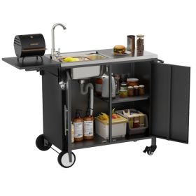 Outdoor Grill Table With Sink, Metal Worktable Kitchen Cabinet Island With Foldable Top And Storage Cabinet, Rolling Grill Cart With Wheels For G (Option: BLACK)
