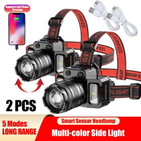 LED Telescopic Headlamp Head Torch Rechargeable Motion Sensor Headlight Zoomable 5 Modes Emergency Light For Camping (Option: 2pcs)
