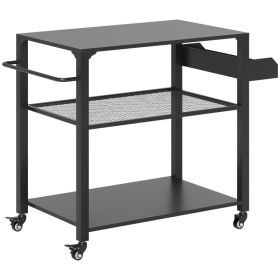 3-Tier Outdoor Grill Cart With Storage Racks, Side Handle, Movable Pizza Oven Table On Wheels (Option: BLACK)