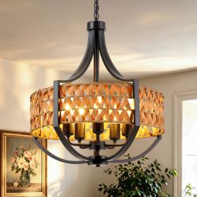 19.7" Rattan Chandelier, 5-Light Boho Chandelier with Natural Woven Reed Shade, Black Farmhouse Hanging Ceiling Light Pendant Light for Dining Ro (Option: BLACK)
