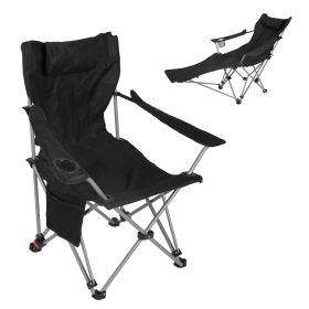 1Pc Reclining Camping Chair With Footrest 4-Position Adjustable Outdoor Folding Chair Heavy Duty Portable Camping Lounge Chair With Headrest Cup (Option: BLACK)