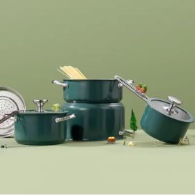 4pcs Stainless Steel Ceramic Coated Pot Set, Including 1 Milk Pot, 2 Stockpots, 1 Non-stick Pan, 4 LIDS And 1 Steamer Green (Option: GREEN)