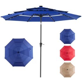 10 FT 3-Layer Solar Patio Umbrella 32 LED Lights Market Umbrella With Adjustable Tilt 8-Rib Outdoor Sunshade For Backyard, Deck And Poolside Navy (Option: default)