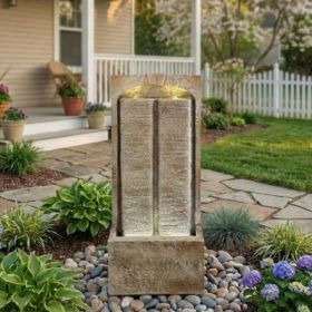 39 Inch Outdoor Water Fountain With Pump, Modern Cascading Freestanding Wall Fountain, Weather-Resistant Garden Water Feature With Warm White LED (Option: Brown)