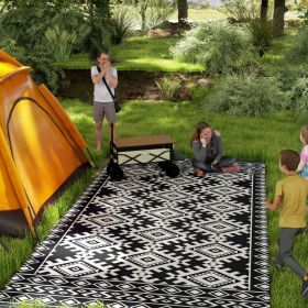 Reversible Outdoor Rug, Waterproof Plastic Straw With Carry Bag, 9 X 18, Black & White Rhombus Border (Option: BLACK)