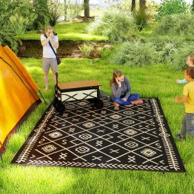 Reversible Outdoor Rug, Waterproof Plastic Straw With Carry Bag, 9 X 12, Black & Beige Rhombus (Option: BLACK)