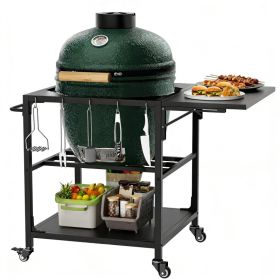 Outdoor Grill Table For Big Green Egg Style BBQ, Heavy Duty Metal Cart Prep Table With Wheels, Storage Shelf, Hooks And Removable Central Cover, (Option: BLACK)
