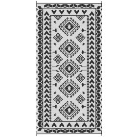 Reversible Outdoor Rug, Waterproof Plastic Straw With Carry Bag, 9 X 18, Black & White Rhombus Patchwork (Option: BLACK)