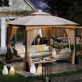 10 X 10 FT Heavy-Duty Patio Gazebo with Netting Walls and 4 Sandbags (Color: Khaki)