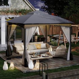 10 X 10 FT Heavy-Duty Patio Gazebo with Netting Walls and 4 Sandbags (Color: Gray)