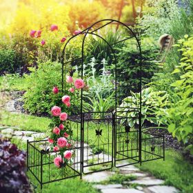 Metal Garden Arch with Gate 79.5'' Wide x 86.6'' High Climbing Plants Support Rose Arch Outdoor Black (Color: as Pic)