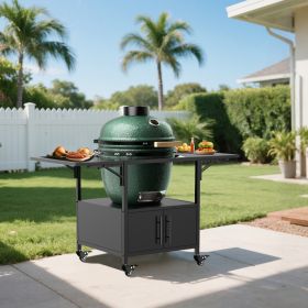 Outdoor Grill Table For Big Green Egg Style BBQ, Metal Grill Cart With 2 Folding Panels, Compatible With Up To Large Green Egg, Kamado Joe Jr (Option: BLACK)
