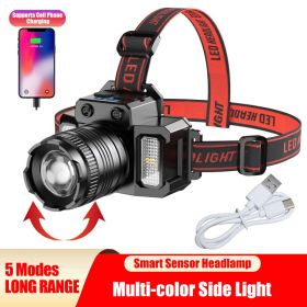 LED Telescopic Headlamp Head Torch Rechargeable Motion Sensor Headlight Zoomable 5 Modes Emergency Light For Camping (Option: BLACK)